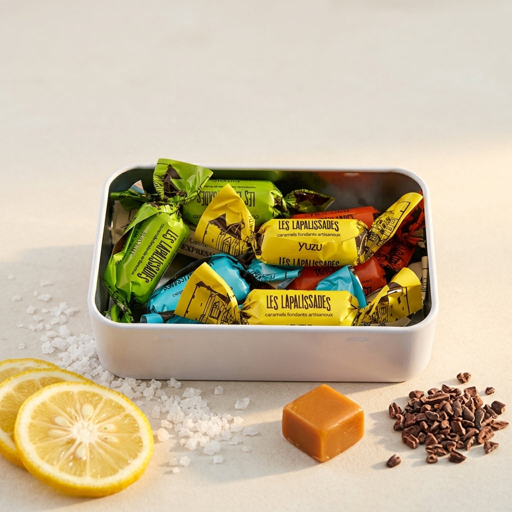 Boîte métal « 500 ans » 50 g ouverte, assortiment de caramels fondants — Les Lapalissades®