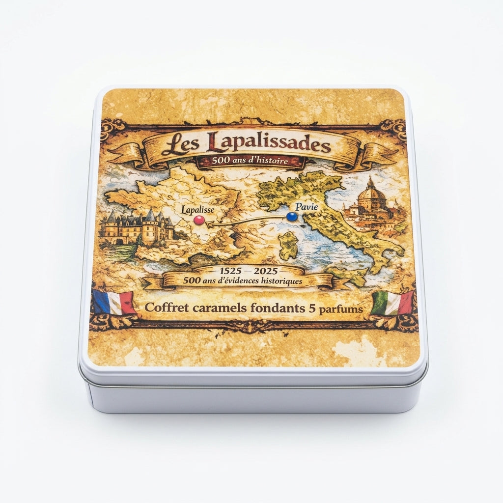 Boîte métal « 500 ans » 200 g — assortiment de 5 parfums de caramels fondants — Les Lapalissades®