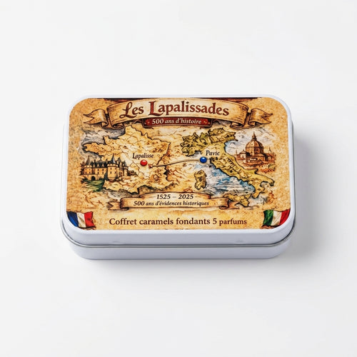 Boîte métal « 500 ans » 50 g fermée, fond blanc — Les Lapalissades®