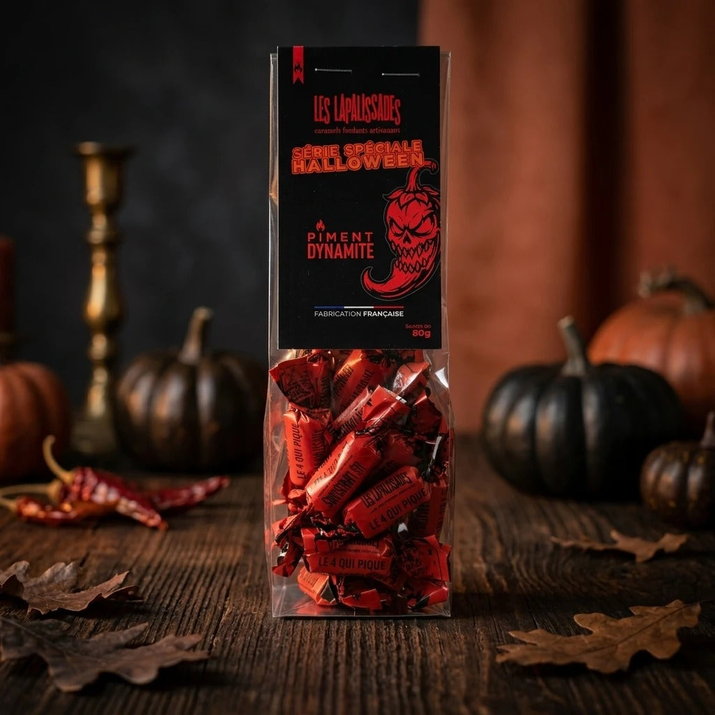 Sachet de caramels Piment Dynamite Les Lapalissades entouré de citrouilles pour Halloween