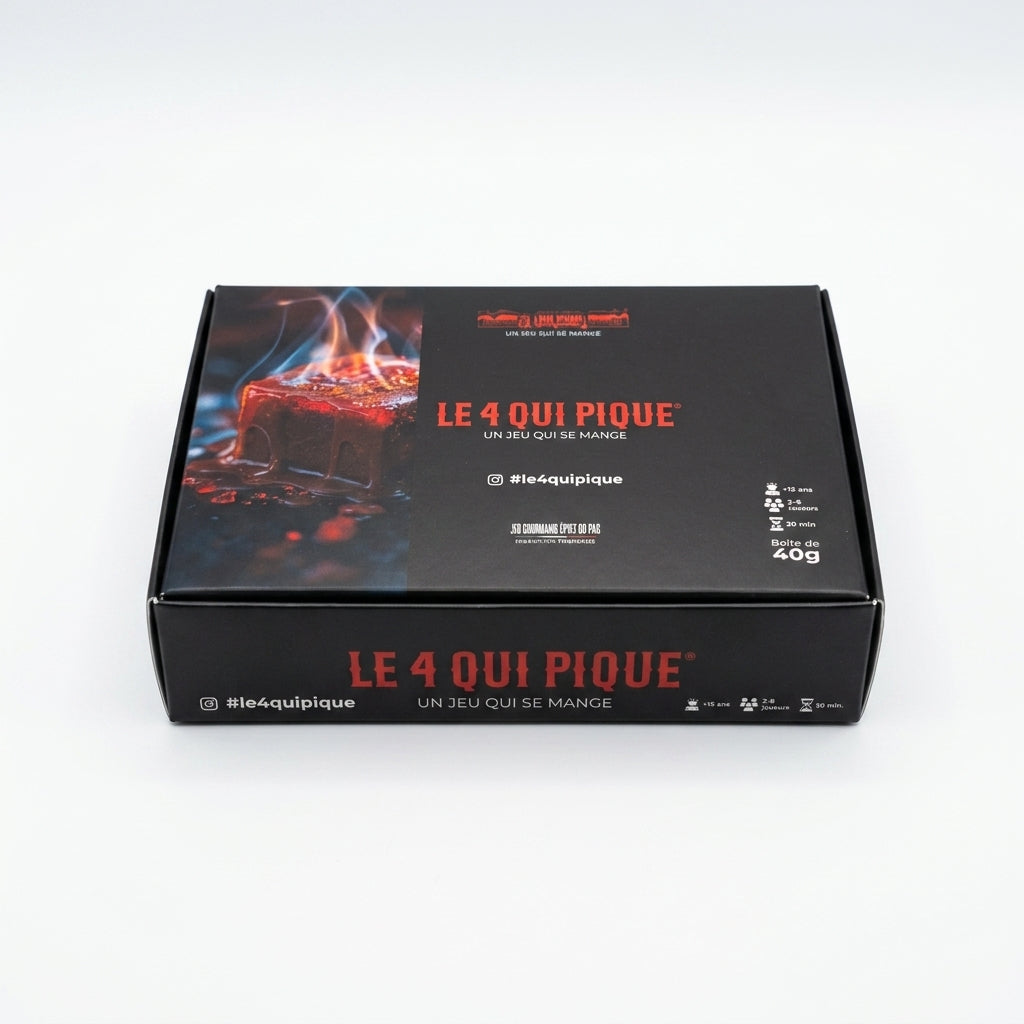 Boîte du jeu Le 4 qui Pique®, le jeu d'apéro aux caramels piquants des Lapalissades®