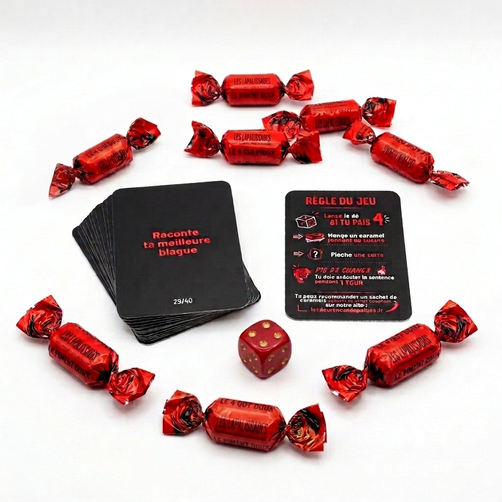Contenu du jeu Le 4 qui Pique® : caramels rouges, cartes à défis, dé et règle du jeu